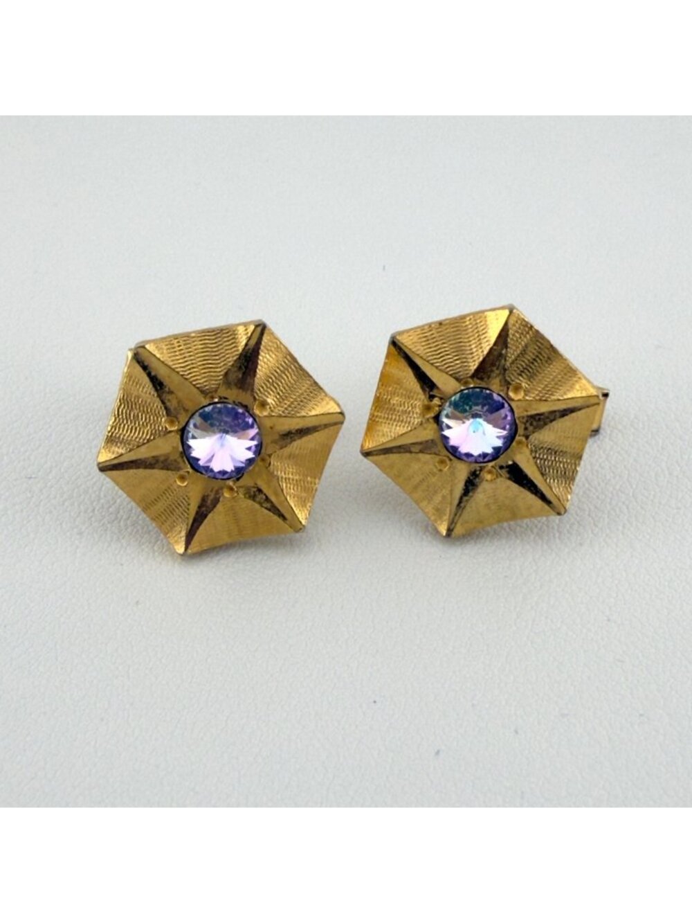 Vintage Gold Tone Hexagon Cufflinks Purple Rhinestone Mid Century